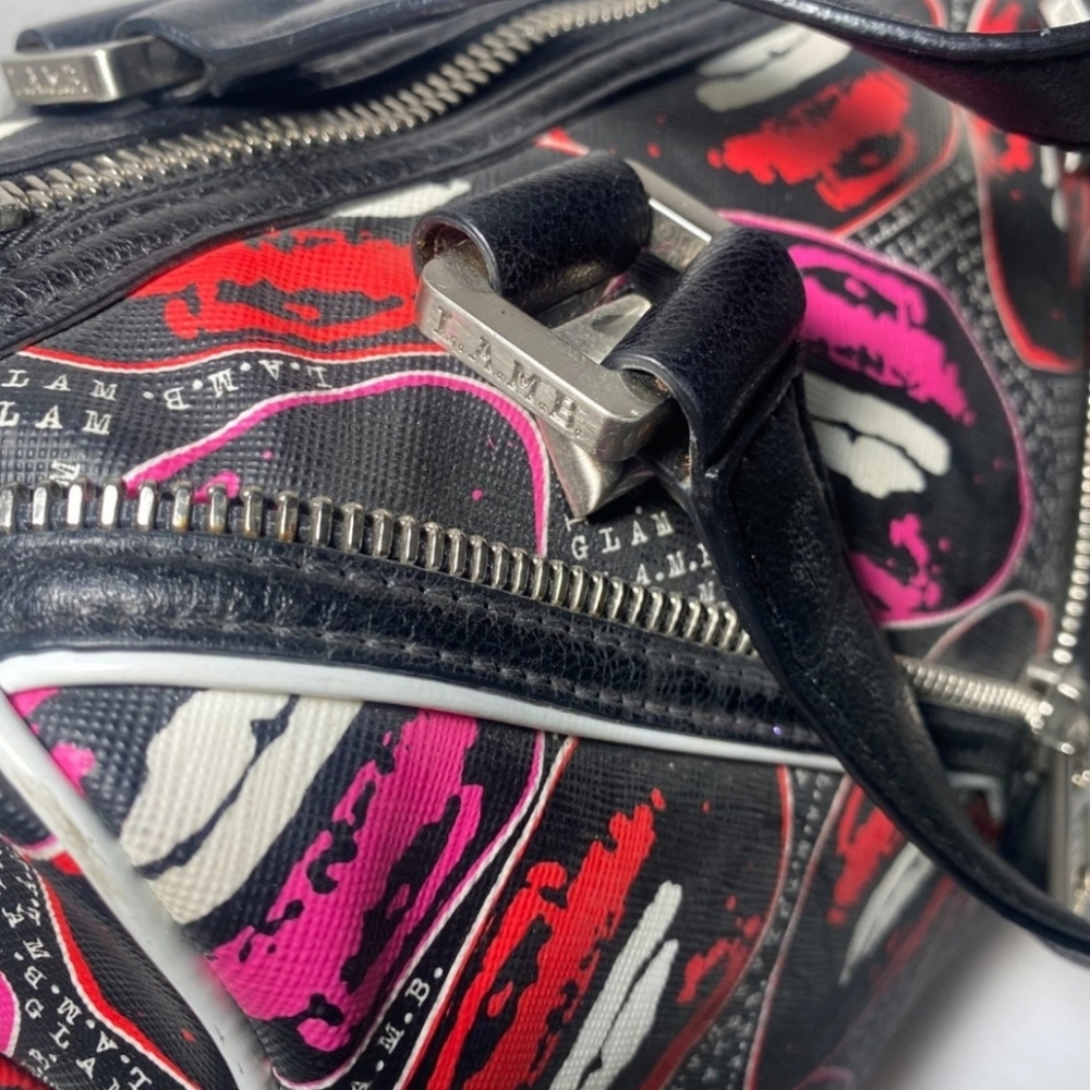 L.A.M.B. Worthington Satchel - Kiss 4 Me Print Black and Pink Women's Bag - Picture 9 of 11